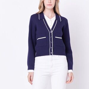 English Factory Contrast Varsity Cardigan Sweater in Navy Blue with White Trim